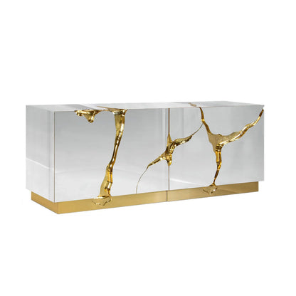 Modern Art Deco Mirrored Gold Karst Pattern Sideboard Cabinet