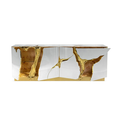 Modern Art Deco Mirrored Gold Karst Pattern Sideboard Cabinet