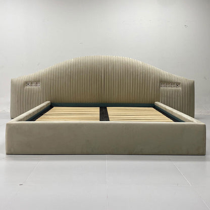 Arched Vertical Pleated Leather Upholstered Bed, Curved Tufted Luxury Platform Bed Frame