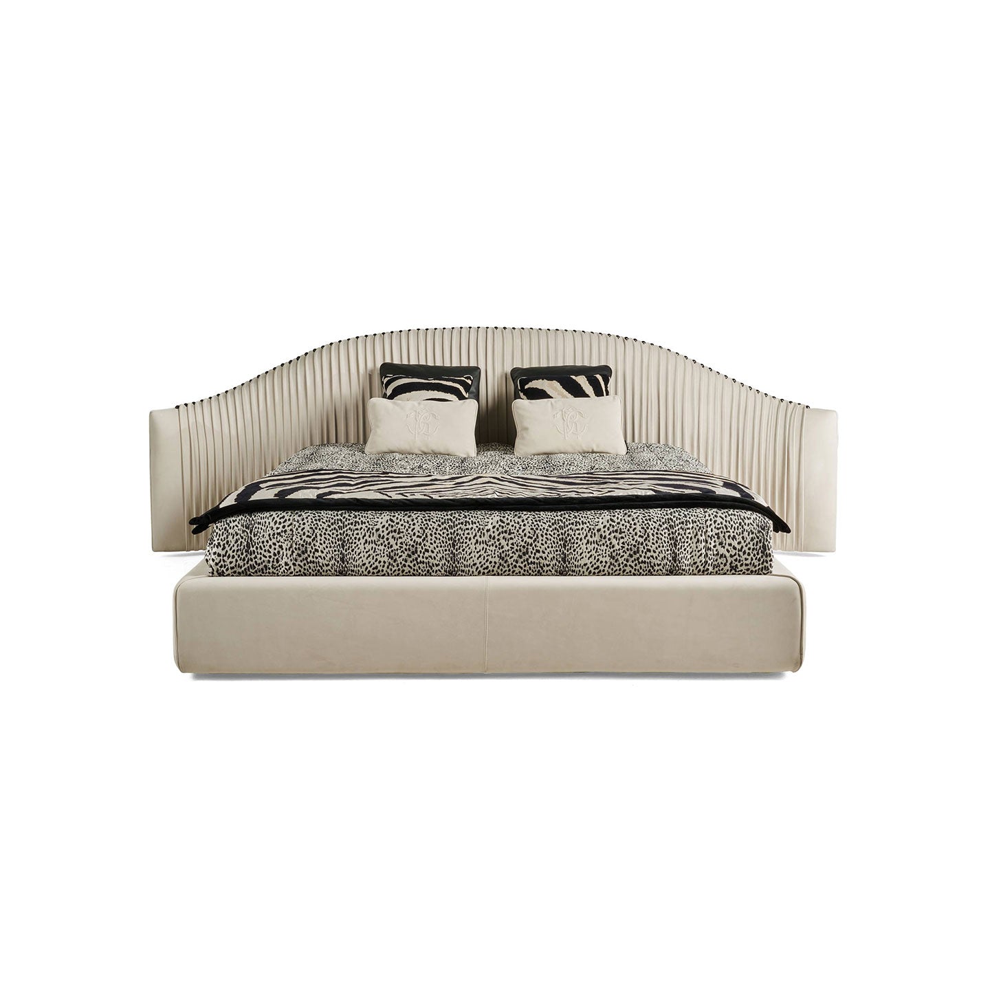 Arched Vertical Pleated Leather Upholstered Bed, Curved Tufted Luxury Platform Bed Frame