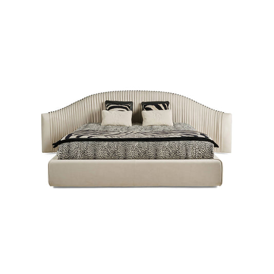 Arched Vertical Pleated Leather Upholstered Bed, Curved Tufted Luxury Platform Bed Frame