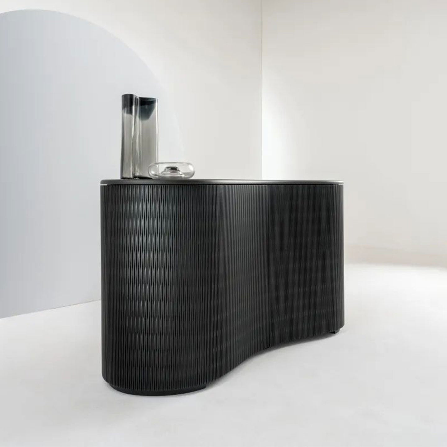 Black Small Curved Wood Sideboard  , 2 Hinged Doors