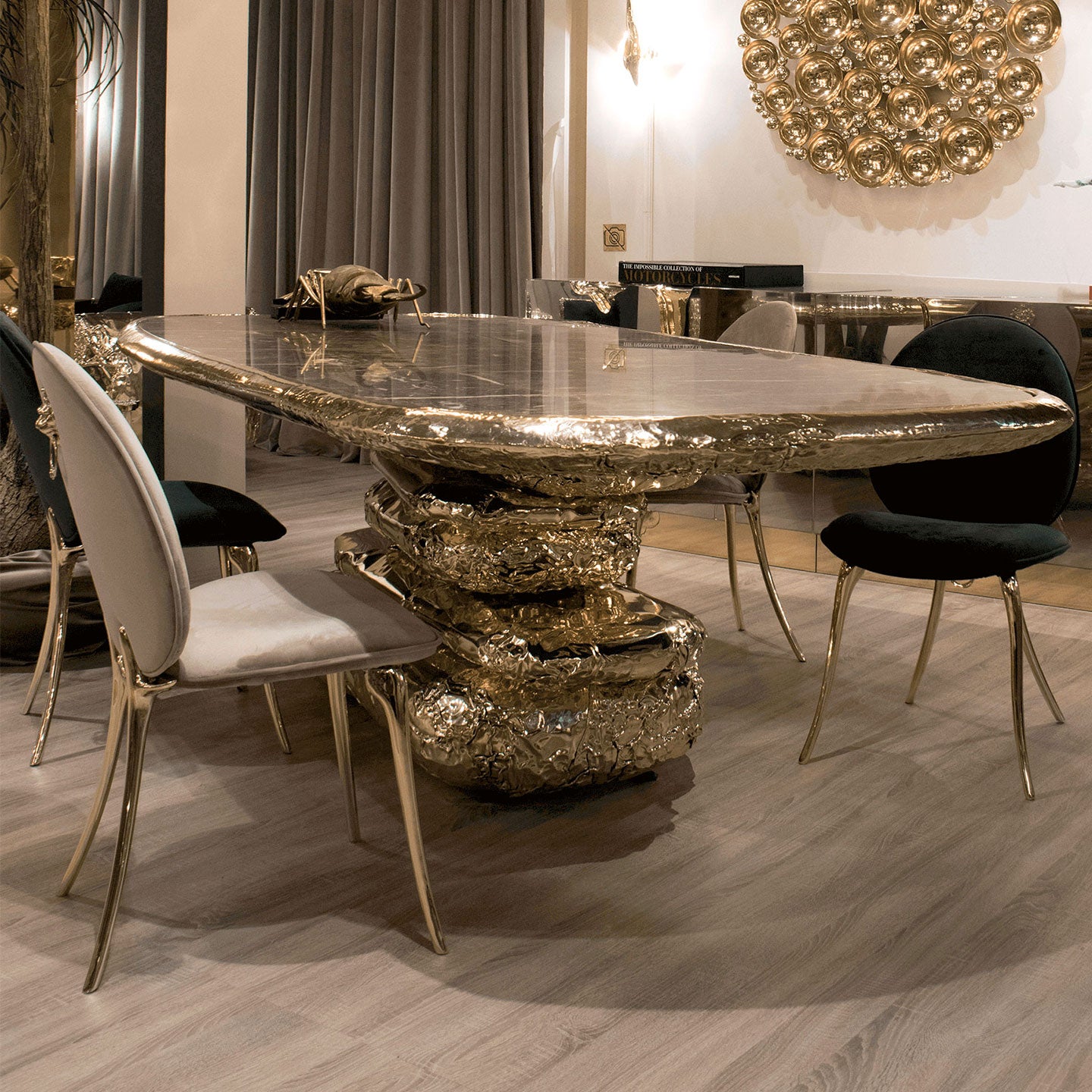 Custom-made luxury dining room furniture, brass dining table