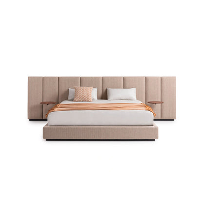 Extra Wide Vertical Panel Upholstered Bed, Minimalist Fabric Platform Bed with Attached Side Shelves