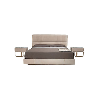 Modern Luxury Upholstered Bed, Beige Velvet Bed Frame with Gold Metal Trim Bedroom Set