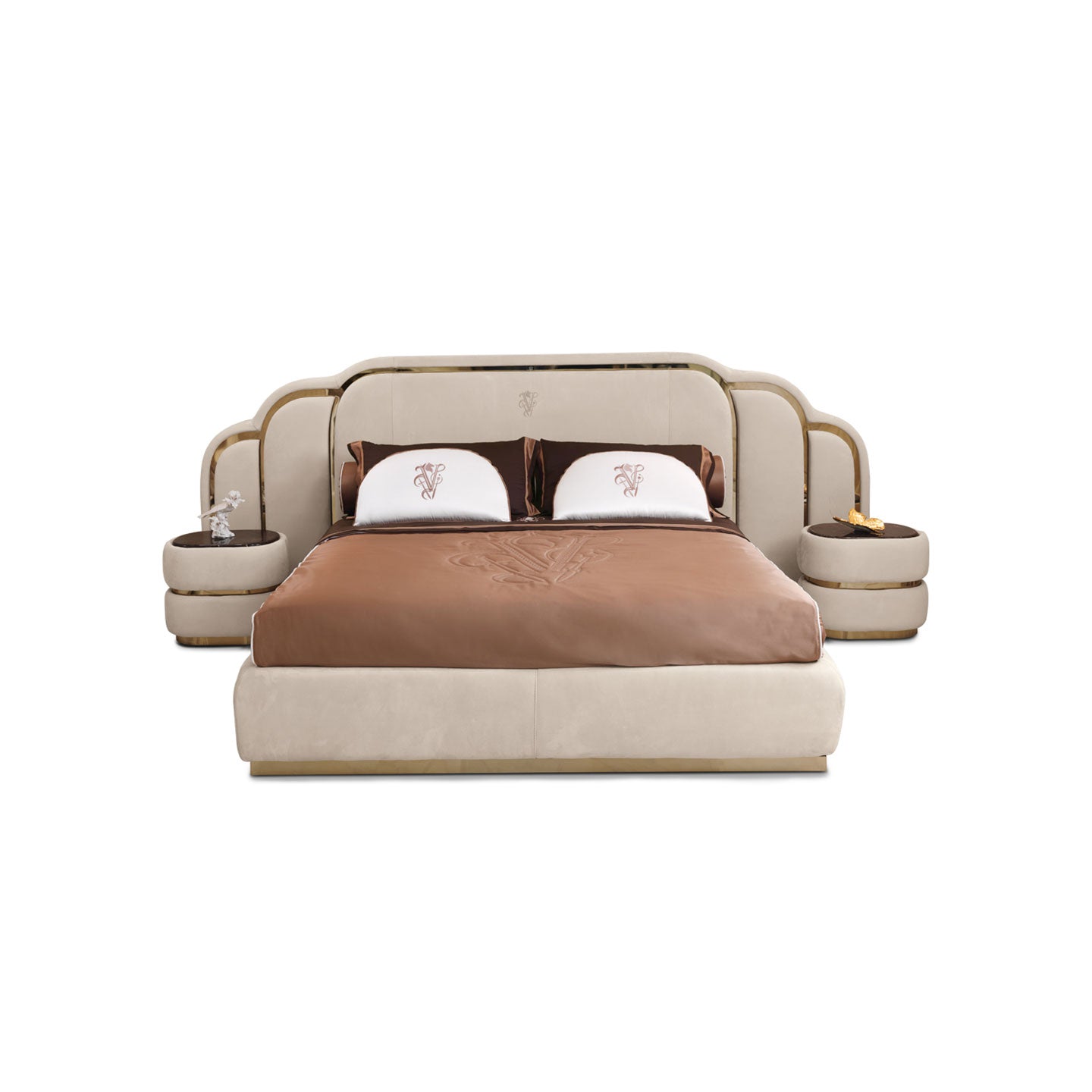 Cream Suede Upholstered Bed with Gold Metal Trim, Curved Wing Luxury Designer Platform Bed Frame