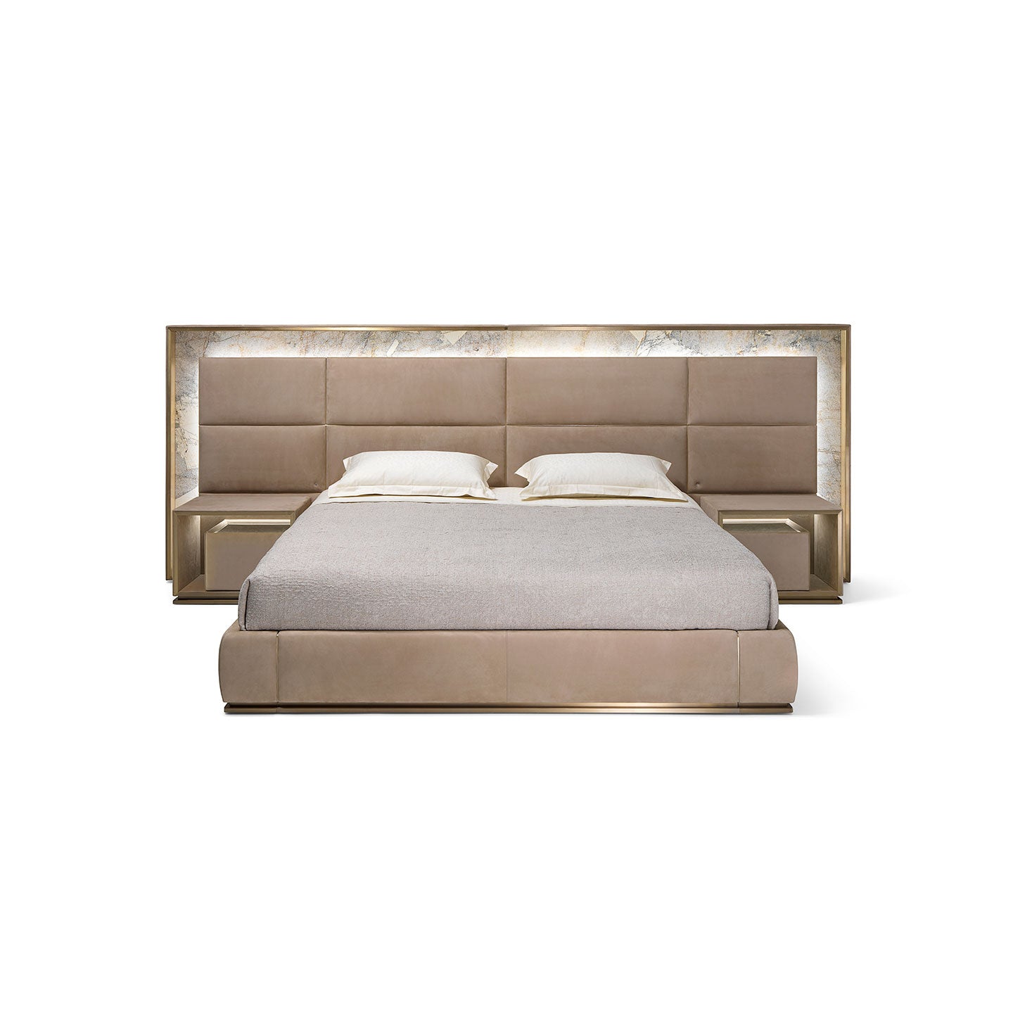 Full Wall Marble LED Headboard Bed, Leather Upholstered Platform Bed with Built-in Nightstands