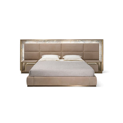 Full Wall Marble LED Headboard Bed, Leather Upholstered Platform Bed with Built-in Nightstands