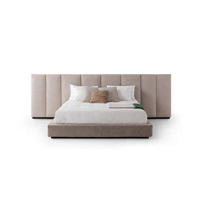 Extra Wide Vertical Panel Upholstered Bed, Minimalist Fabric Platform Bed with Attached Side Shelves