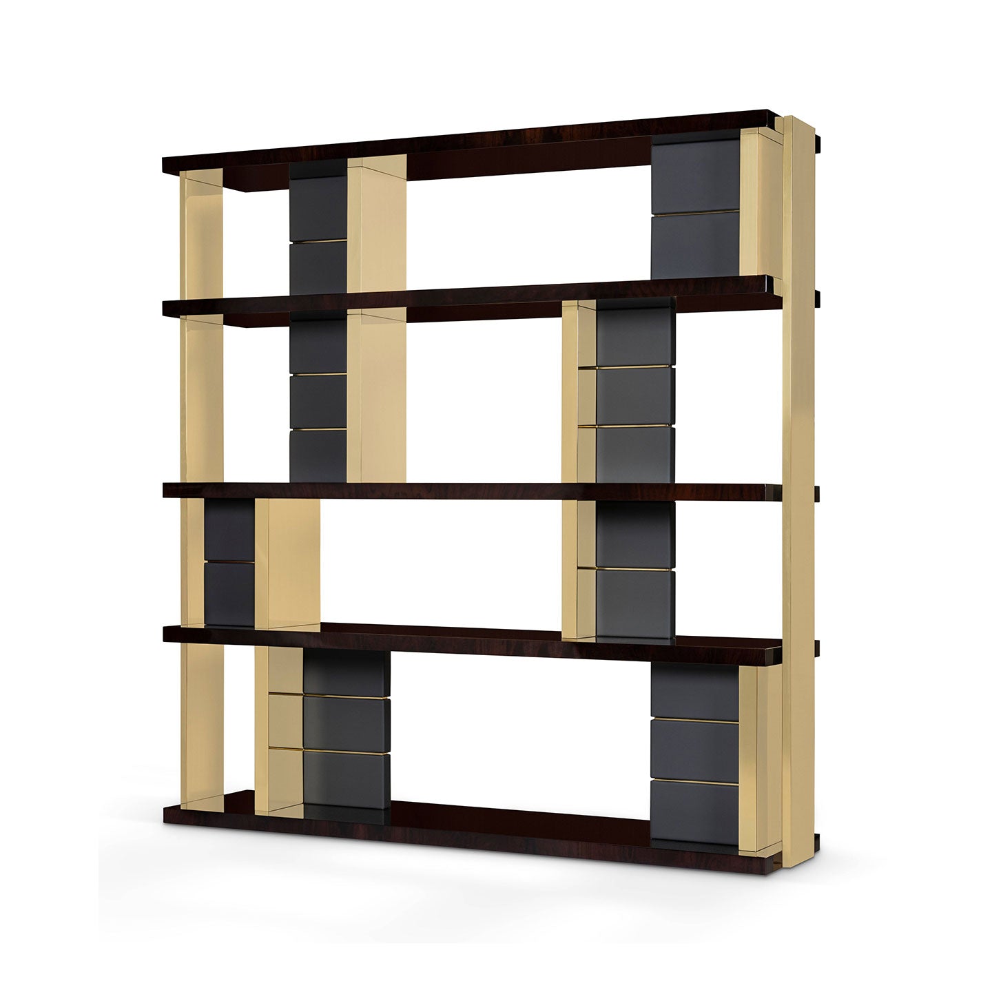 Modern Dark Wood & Gold Metal Etagere Bookcase