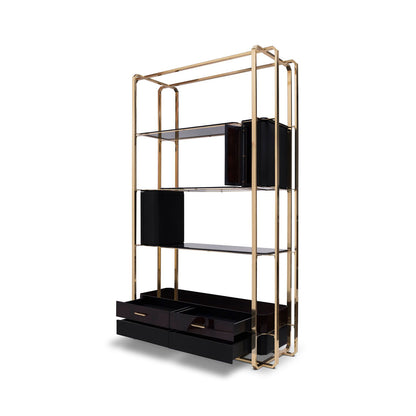 Luxury Gold & Black Glass Display Shelf, Modern Bookcase with Drawers
