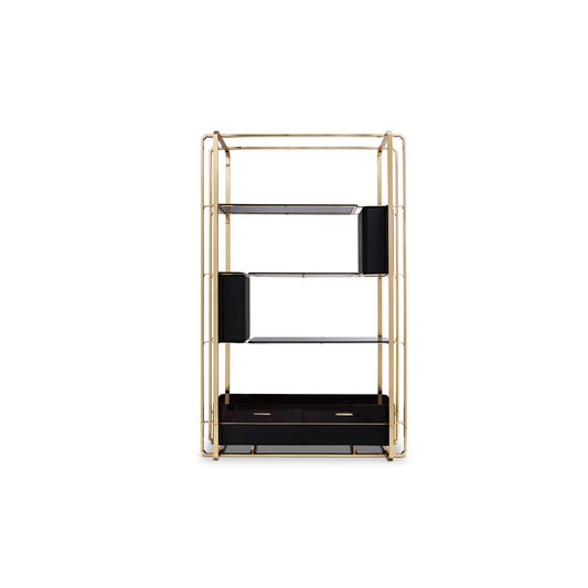 Luxury Gold & Black Glass Display Shelf, Modern Bookcase with Drawers