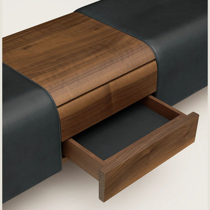 Mid-Century Leather Upholstered Bench with Walnut Drawer