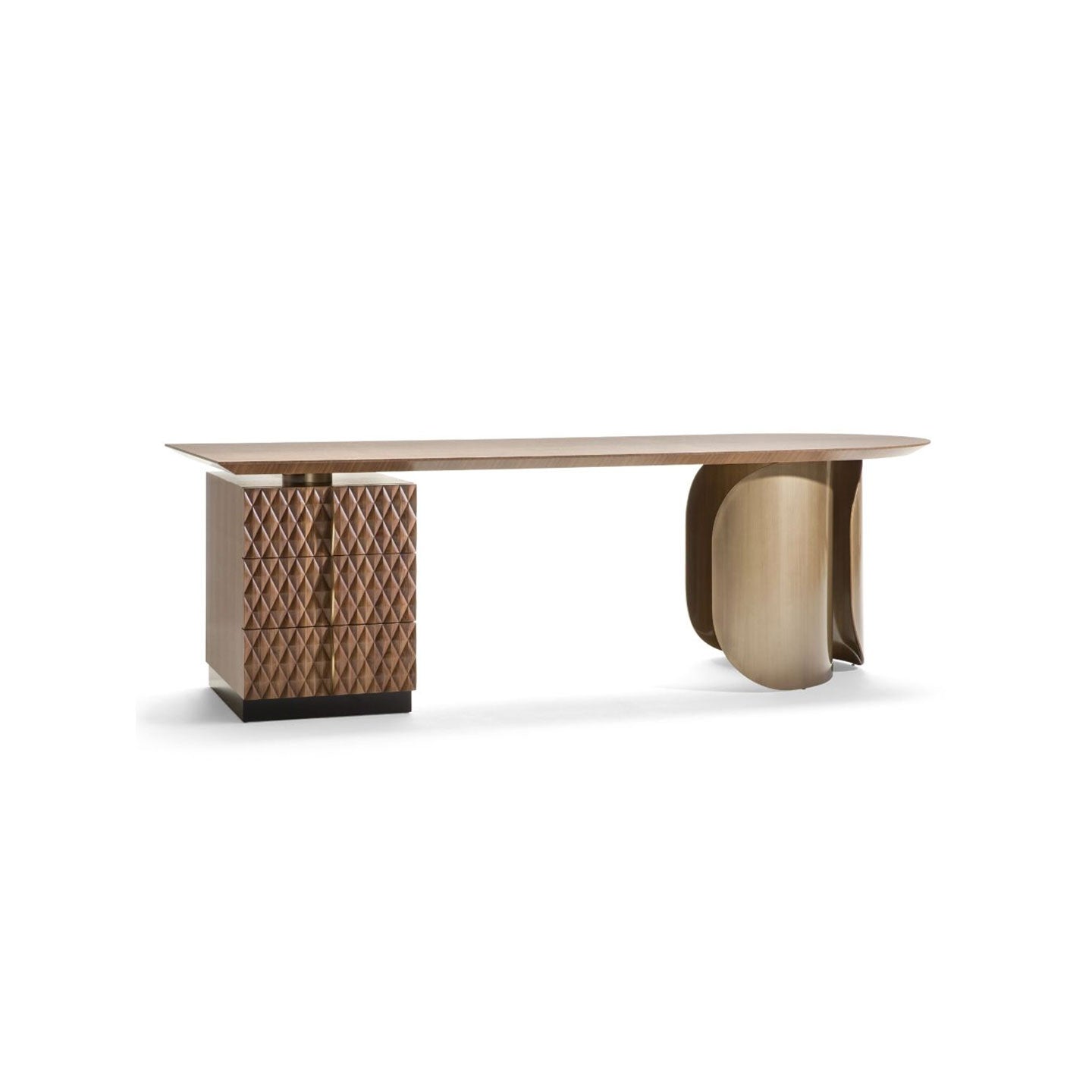 Sculptural Solid Wood Writing Desk, Hand-Carved Diamond Drawer Cabinet Curved Support Luxury Office Desk for High-End Villa Study