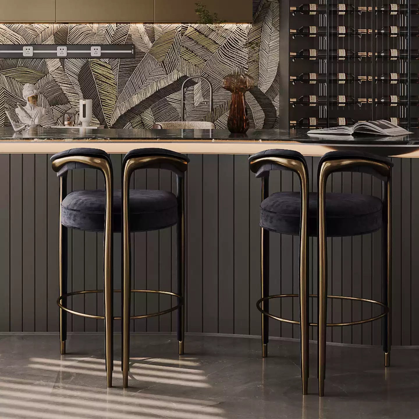 Green Velvet Counter Bar Stool with Gold Metal Accent, Modern Luxury Curved Arm Bar Chair