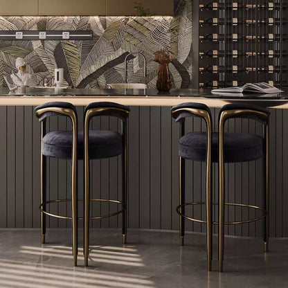 Green Velvet Counter Bar Stool with Gold Metal Accent, Modern Luxury Curved Arm Bar Chair