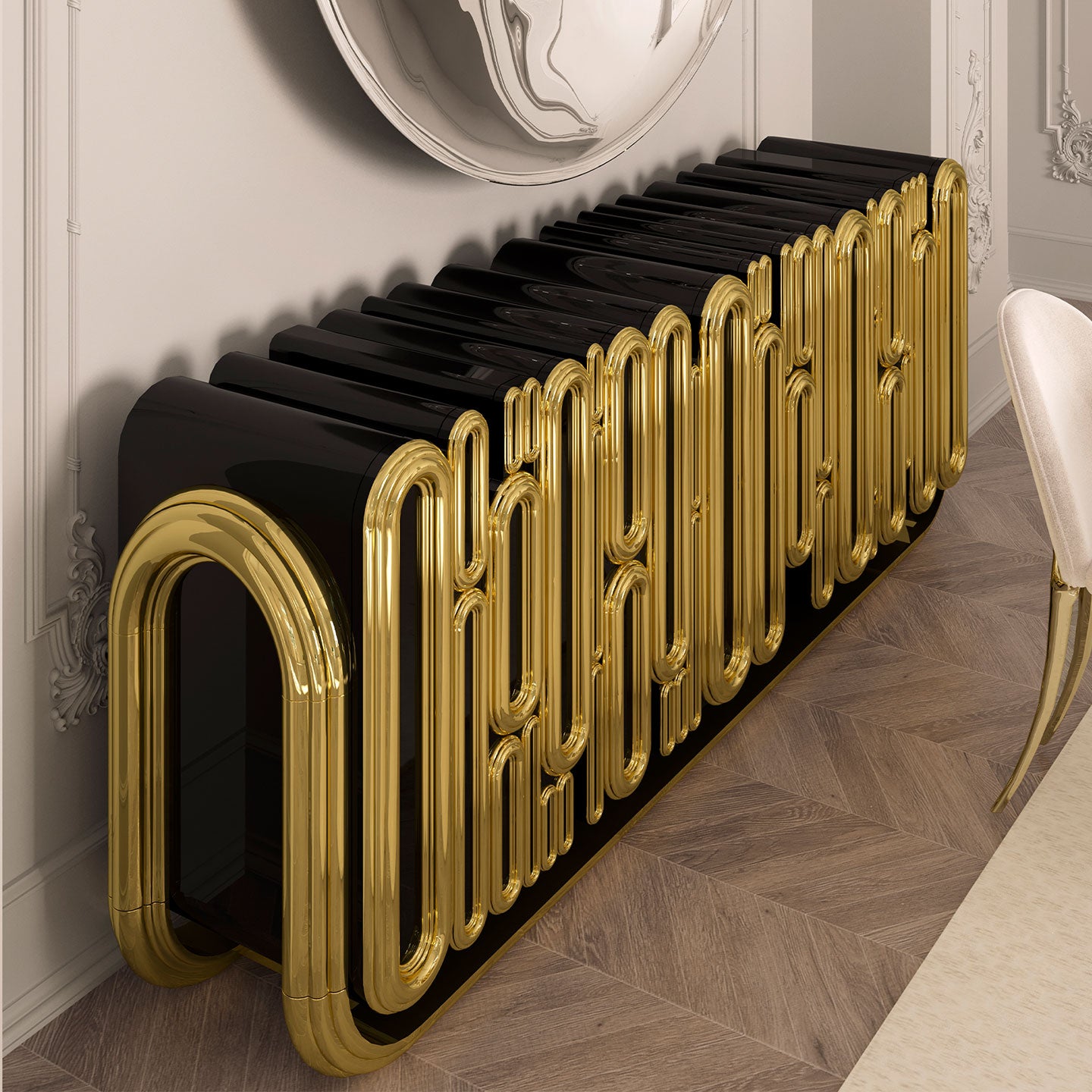 Art Deco Gold & Black Sideboard, Luxury Modern Credenza