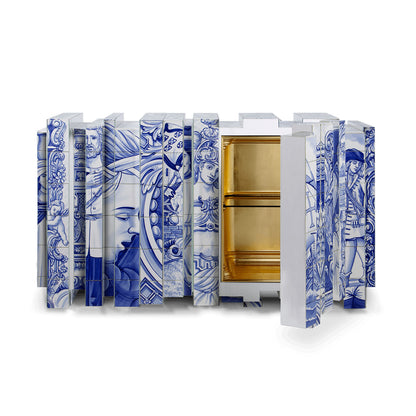 Hand-Painted Azulejo Art Sideboard | Brown 3D Sculptural Cabinet