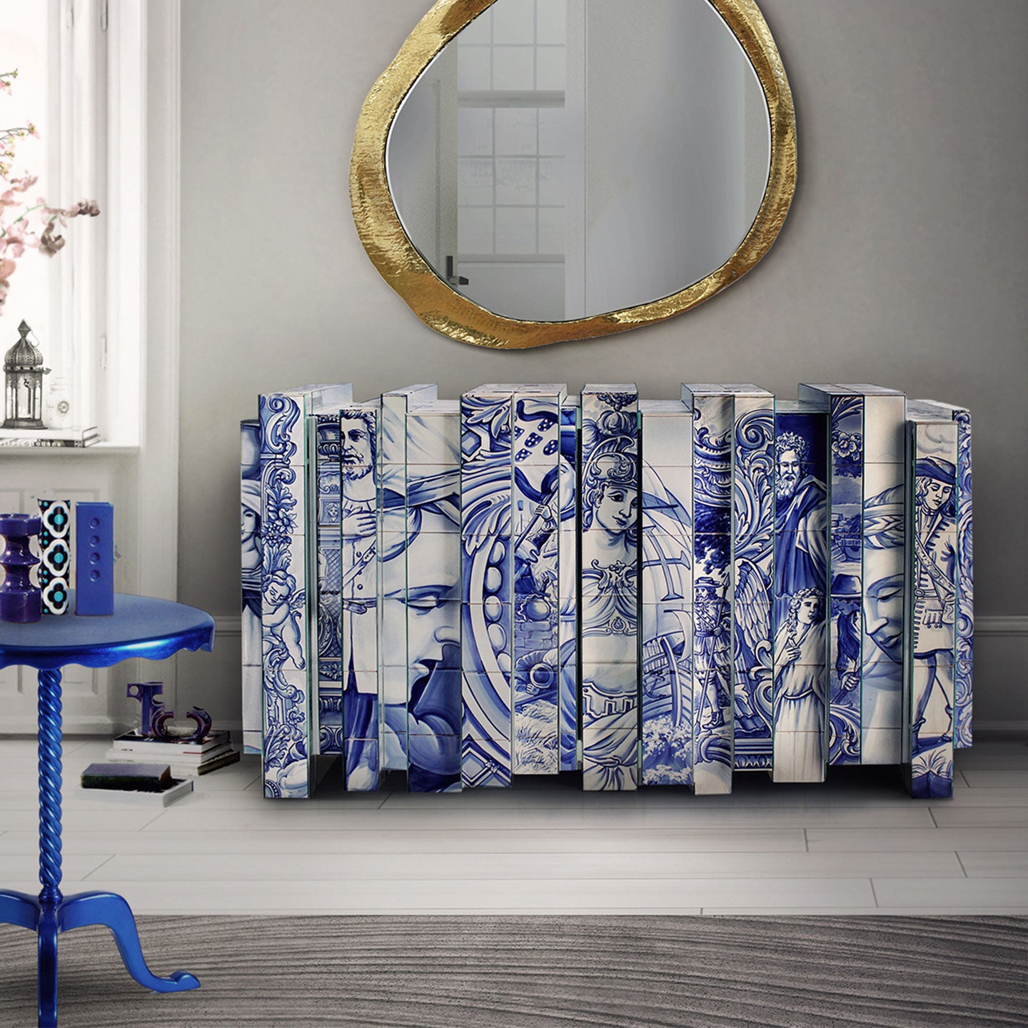 Hand-Painted Azulejo Art Sideboard | Brown 3D Sculptural Cabinet