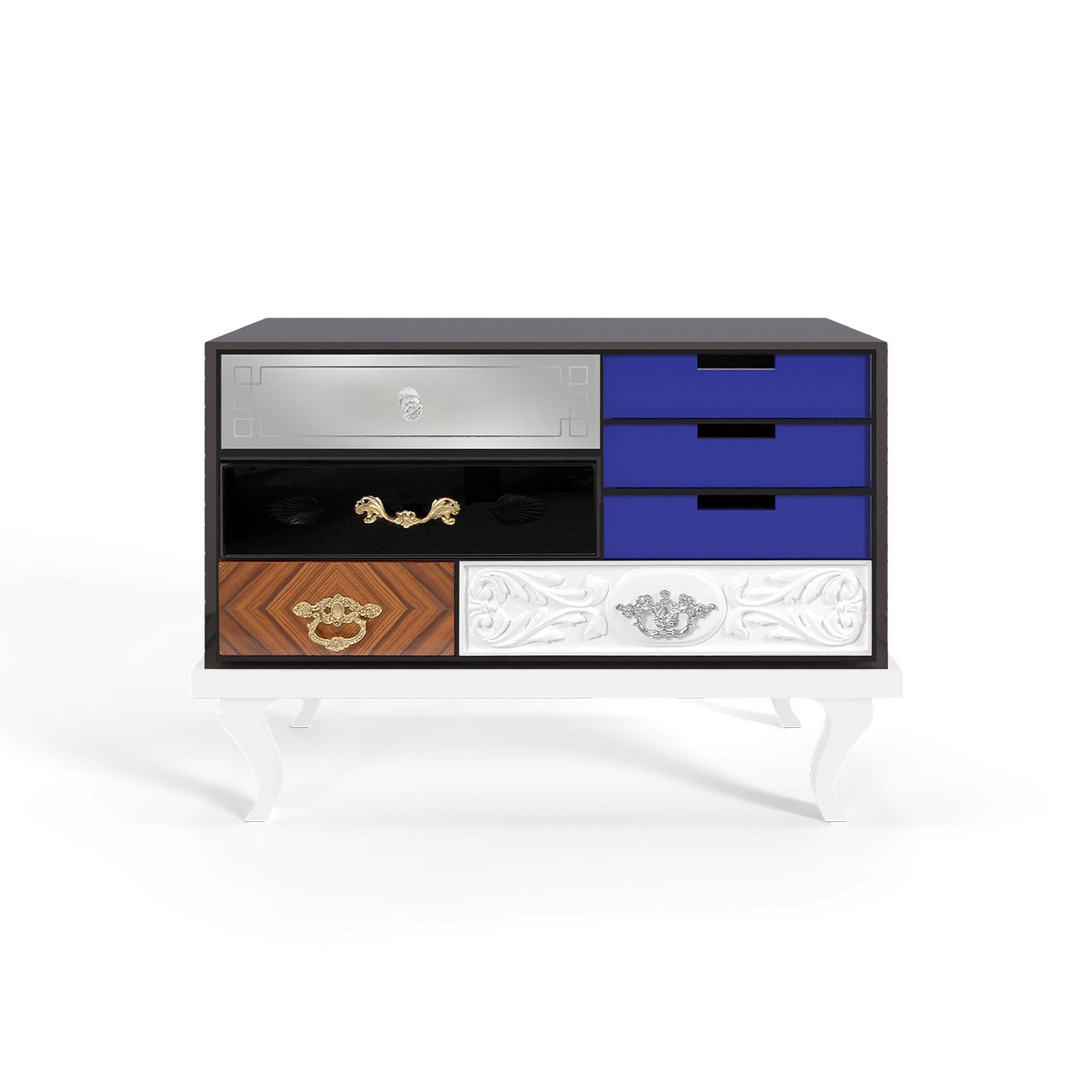 Elegant carving luxury nightstand with gold accents placed in a contemporary bedroom setting