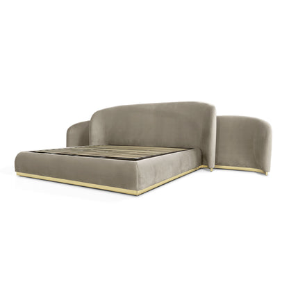 Taupe Velvet Curved Wing Upholstered Bed, Gold Base Modern Luxury Platform Bed