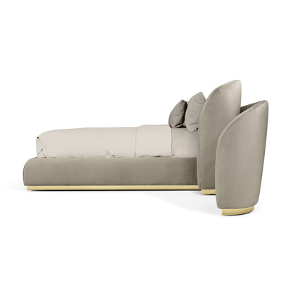 Taupe Velvet Curved Wing Upholstered Bed, Gold Base Modern Luxury Platform Bed