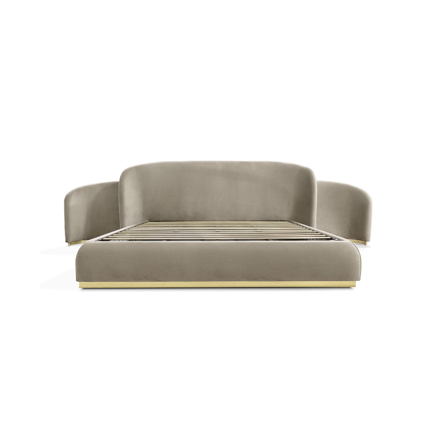 Taupe Velvet Curved Wing Upholstered Bed, Gold Base Modern Luxury Platform Bed