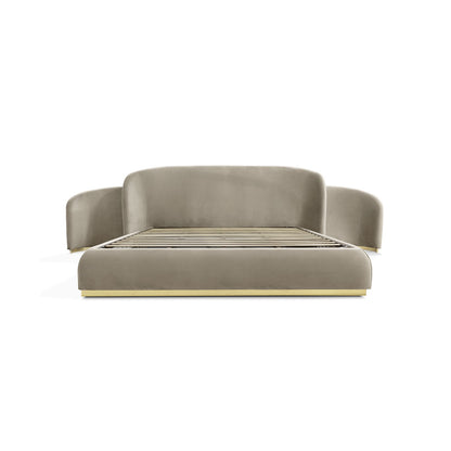 Taupe Velvet Curved Wing Upholstered Bed, Gold Base Modern Luxury Platform Bed