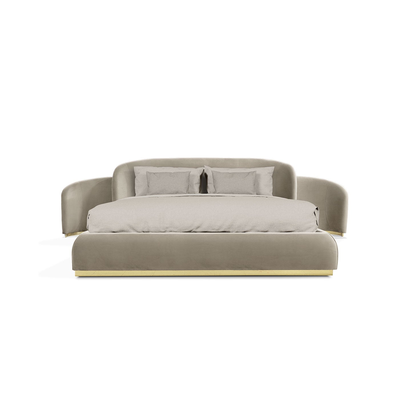 Taupe Velvet Curved Wing Upholstered Bed, Gold Base Modern Luxury Platform Bed