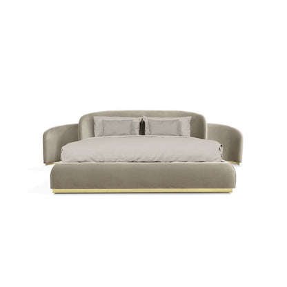 Taupe Velvet Curved Wing Upholstered Bed, Gold Base Modern Luxury Platform Bed