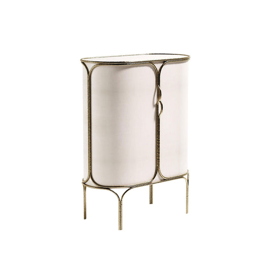Tall Cabinet with Organic Curves, Cream-Colored Pearlescent Leather, and Hand-Forged Brass Frame