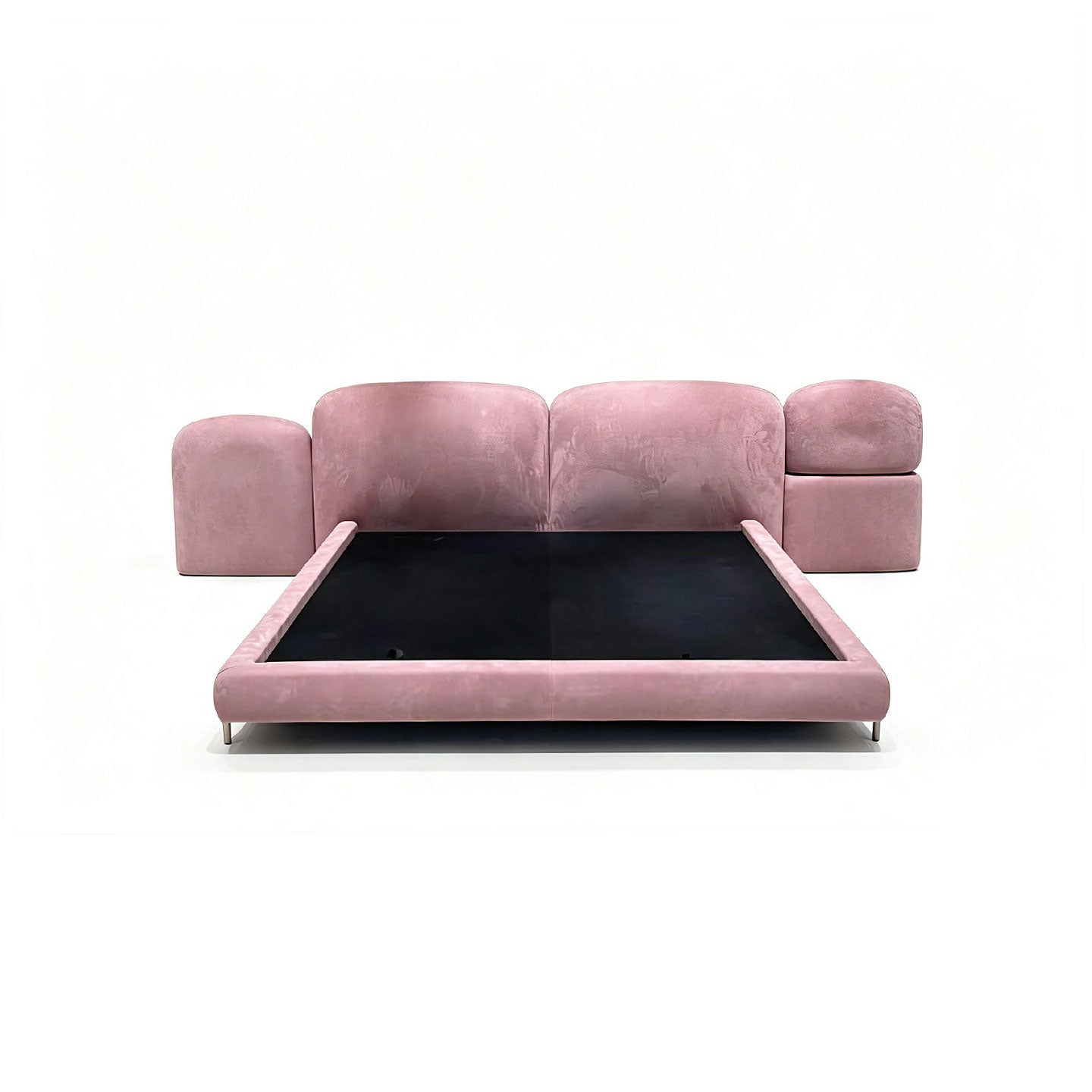 Pink Velvet Upholstered Bed with Integrated Nightstands, Curved Bubble Designer Platform Bed Frame