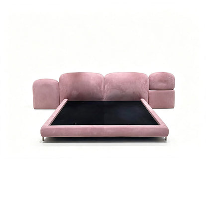 Pink Velvet Upholstered Bed with Integrated Nightstands, Curved Bubble Designer Platform Bed Frame