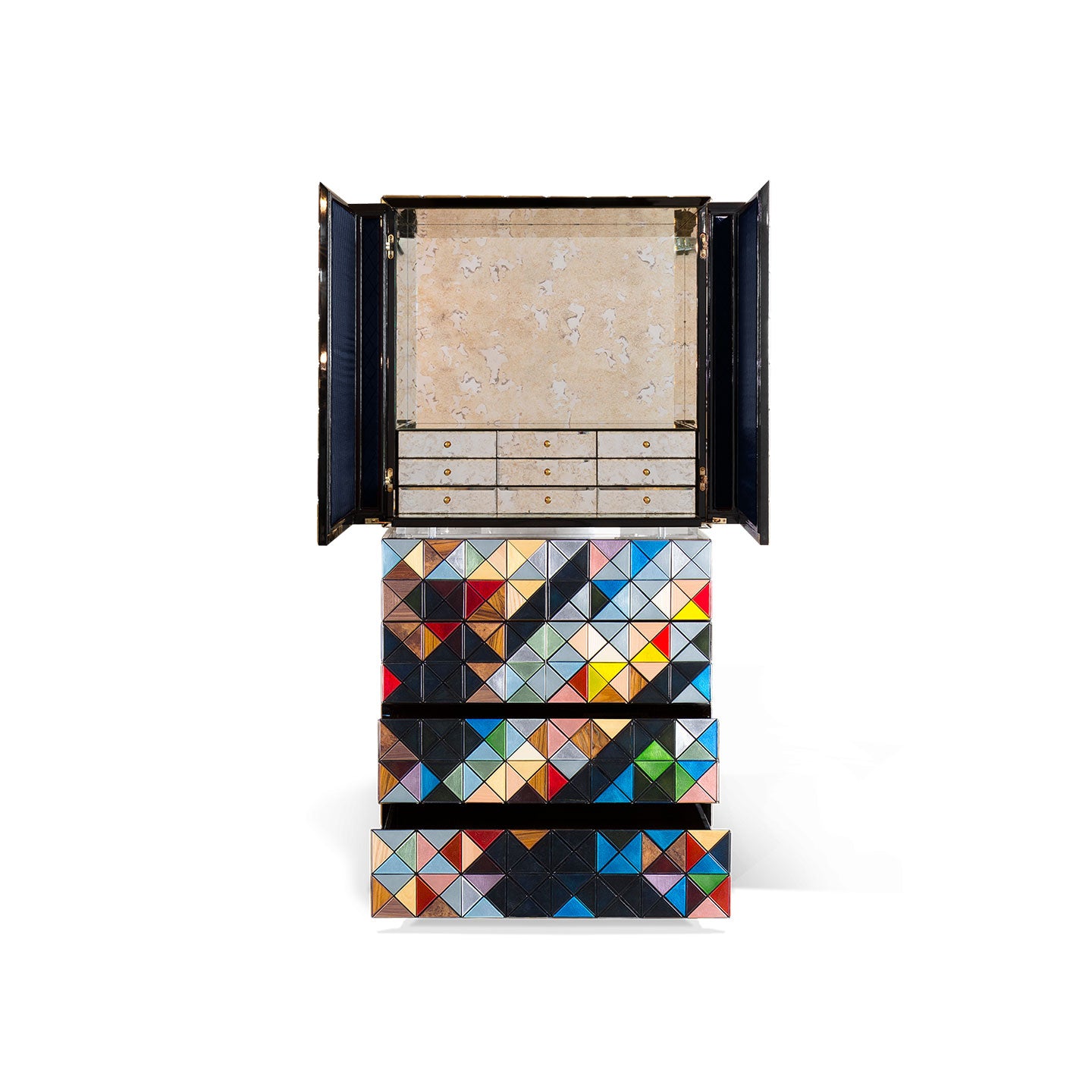 Geometric Multicolor Triangle Mosaic Cabinet, Vertical Luxury Mosaic Storage Sideboard