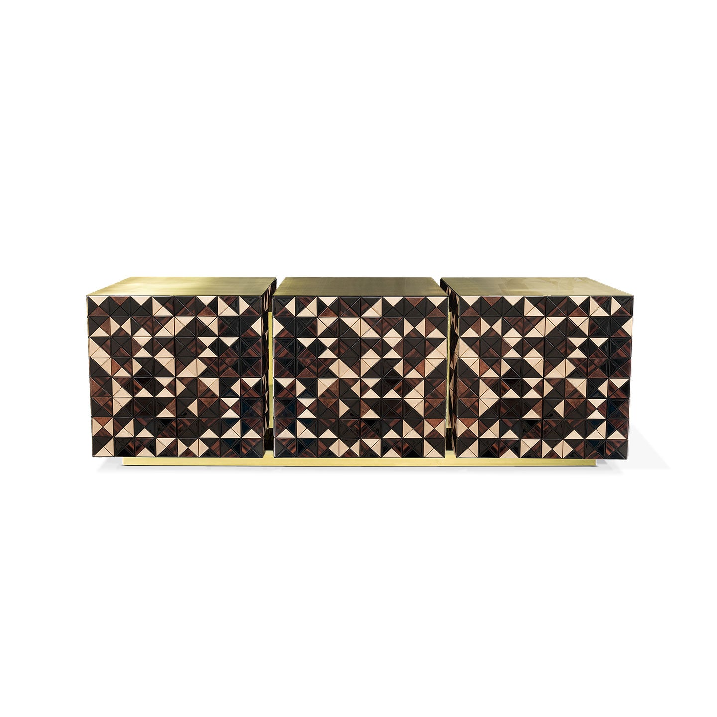 Multicolor Geometric Mosaic Sideboard Polished Gold Frame 3 Door Luxury Buffet Cabinet