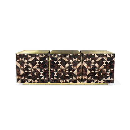 Multicolor Geometric Mosaic Sideboard Polished Gold Frame 3 Door Luxury Buffet Cabinet