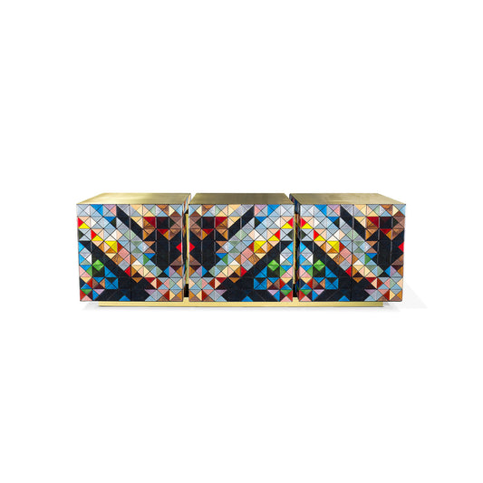 Multicolor Geometric Mosaic Sideboard Polished Gold Frame 3 Door Luxury Buffet Cabinet