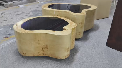 Burl Wood Veneer Nesting Coffee Table Set, Irregular Cloud Shape Black Tempered Glass Top Designer Center Table