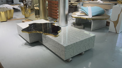 Irregular Black Marble Top Coffee Table Set, White Marble Base With Polished Brass Trim for Luxury Villa