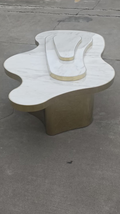 Irregular Coffee Table, White Marble Gold Stainless Steel Base Luxury Living Room Center Table