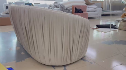 Curved Pleated Velvet Sofa, Champagne Beige Upholstered Sofa For Luxury Living Room