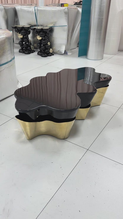 Organic Wavy Coffee Table, Gloss Black Top with Polished Gold Stainless Steel Base