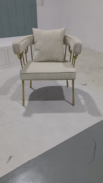 Cream Upholstered Accent Chair, Mirror finish Gold Open‑Frame Metal Chair With Faux Fur Throw Pillow