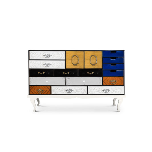 Patchwork Multi-Color Ornate Drawer Chest, Vintage Curved Leg Luxury  Cabinet