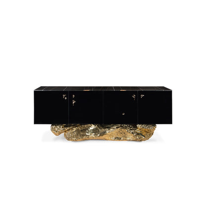 Gloss Black Sideboard with Crinkled Gold Rock Base Luxury 4-Door Storage Cabinet