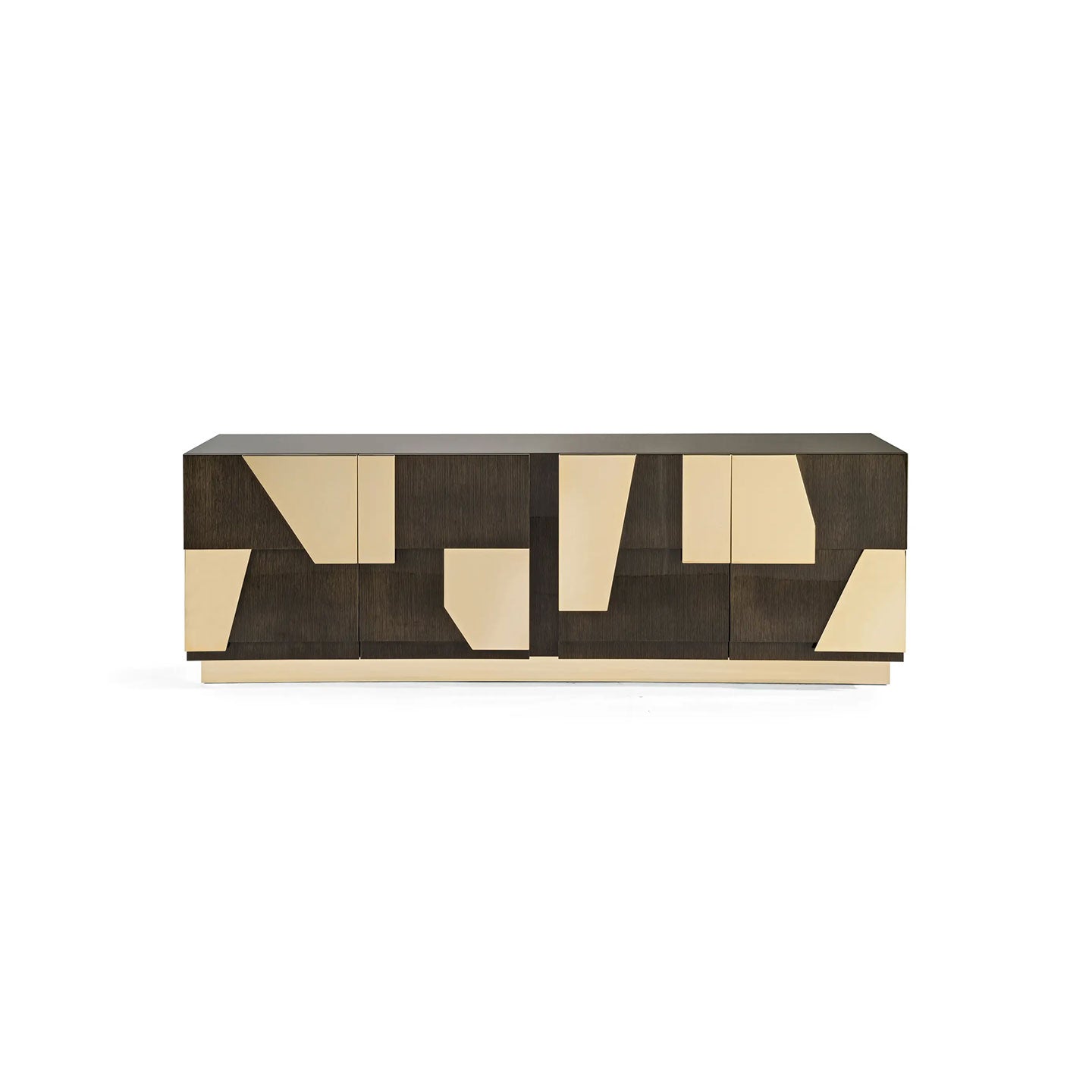 Geometric Brass Inlay Dark Wood Sideboard, Abstract Panel Luxury Storage Credenza