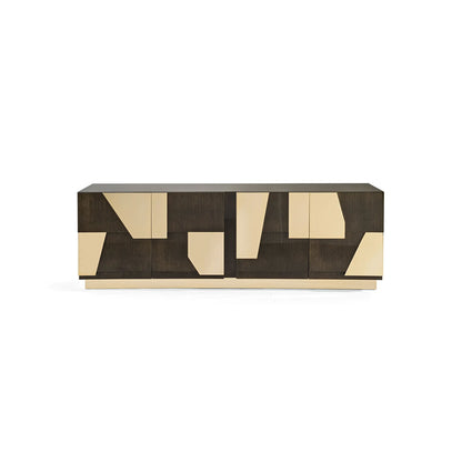 Geometric Brass Inlay Dark Wood Sideboard, Abstract Panel Luxury Storage Credenza
