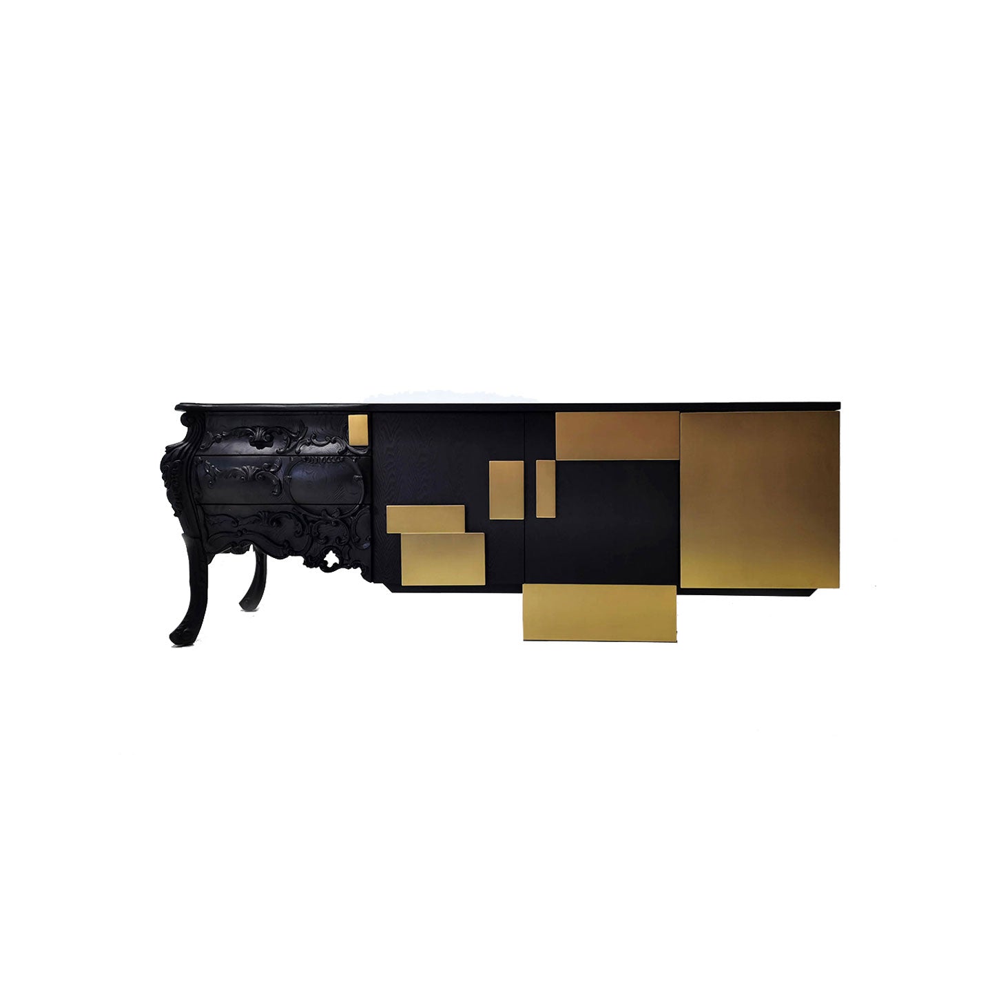 Baroque Carved Black Wood Sideboard Abstract Geometric Gold Metal Panel Buffet Cabinet