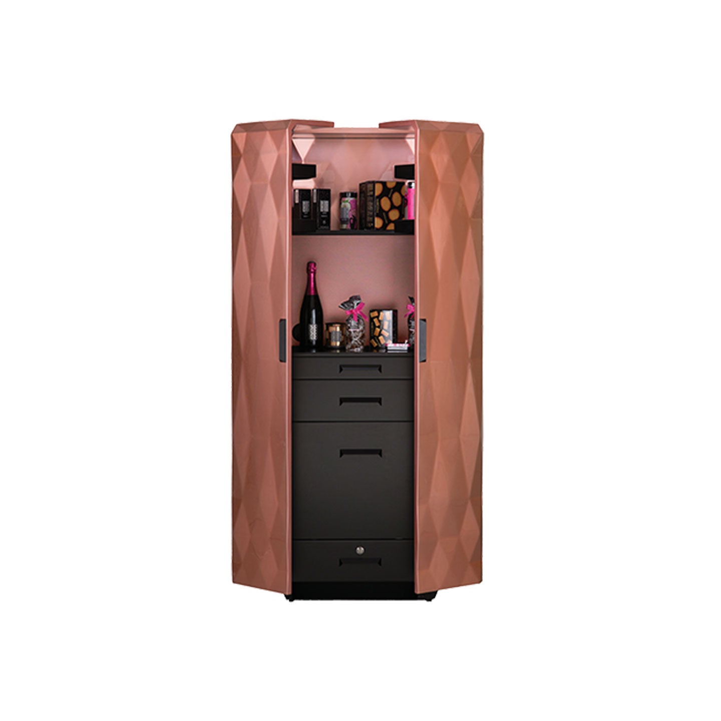 Rose Gold Diamond-Cut Mini Bar Cabinet with Luxe Storage