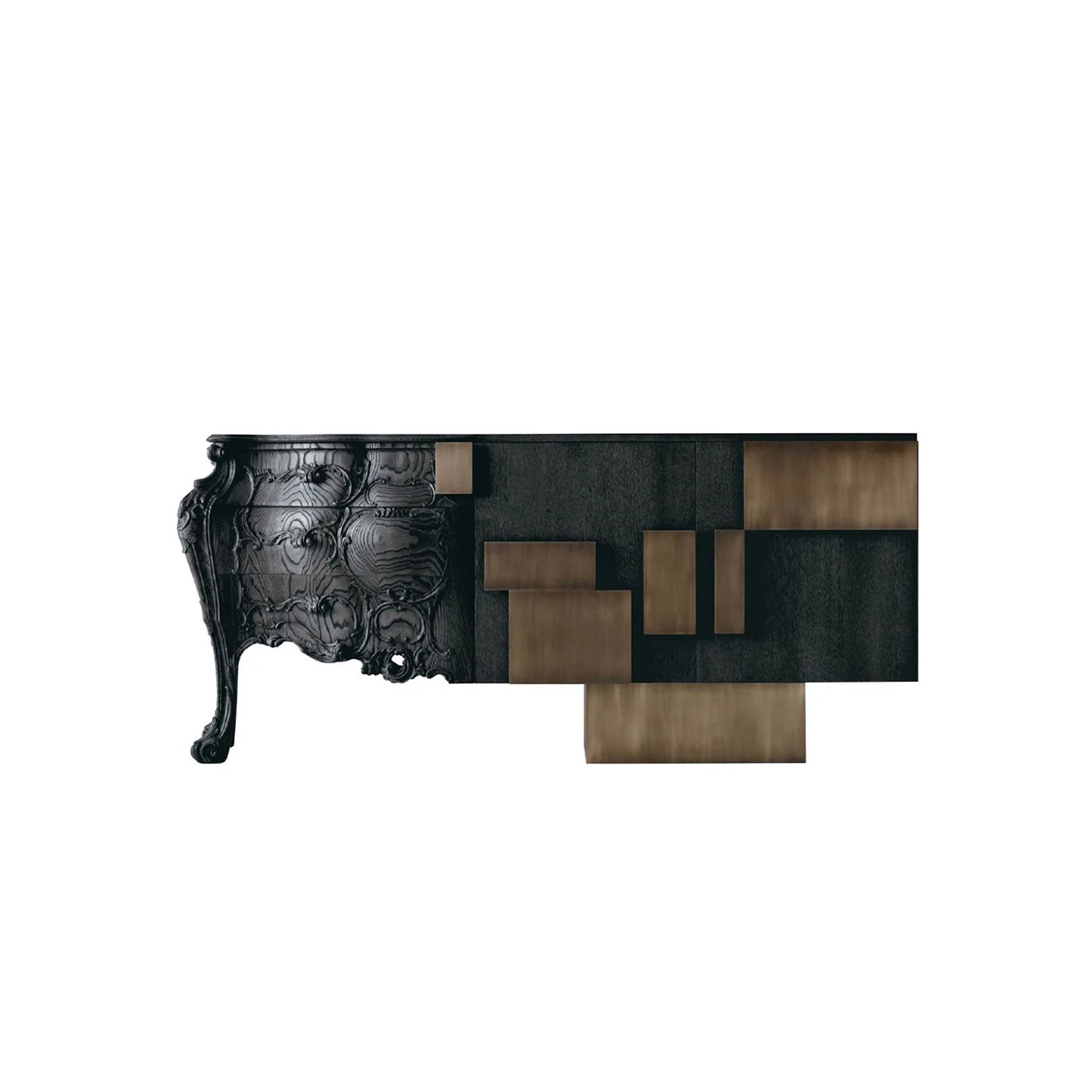 Baroque Carved Black Wood Sideboard Abstract Geometric Gold Metal Panel Buffet Cabinet